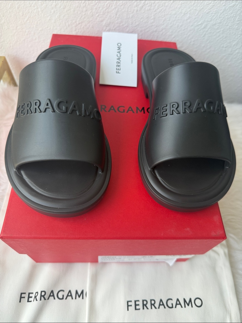 NWT Salvatore Ferragamo Black Rubber Logo Slide Sandals
